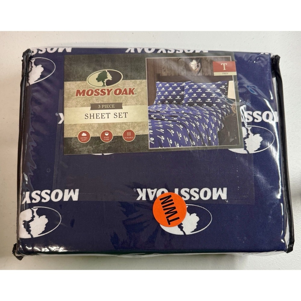Mossy Oak 3 Piece 100% Polyester Twin Sheet Set Navy Blue Logo *BRAND NEW*